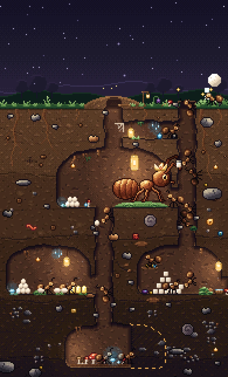 Lantern Ants oyununda kehribar fenerlerle aydınlanan yeraltı karınca kolonisi